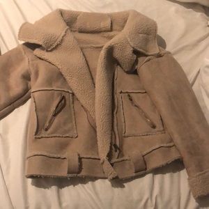 Faux Suede Shearling Biker Jacket Beige Size S